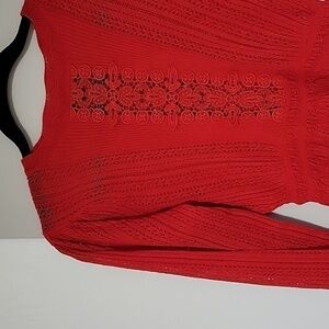 Women red crochet cotton long sleeve blouse top size 6
